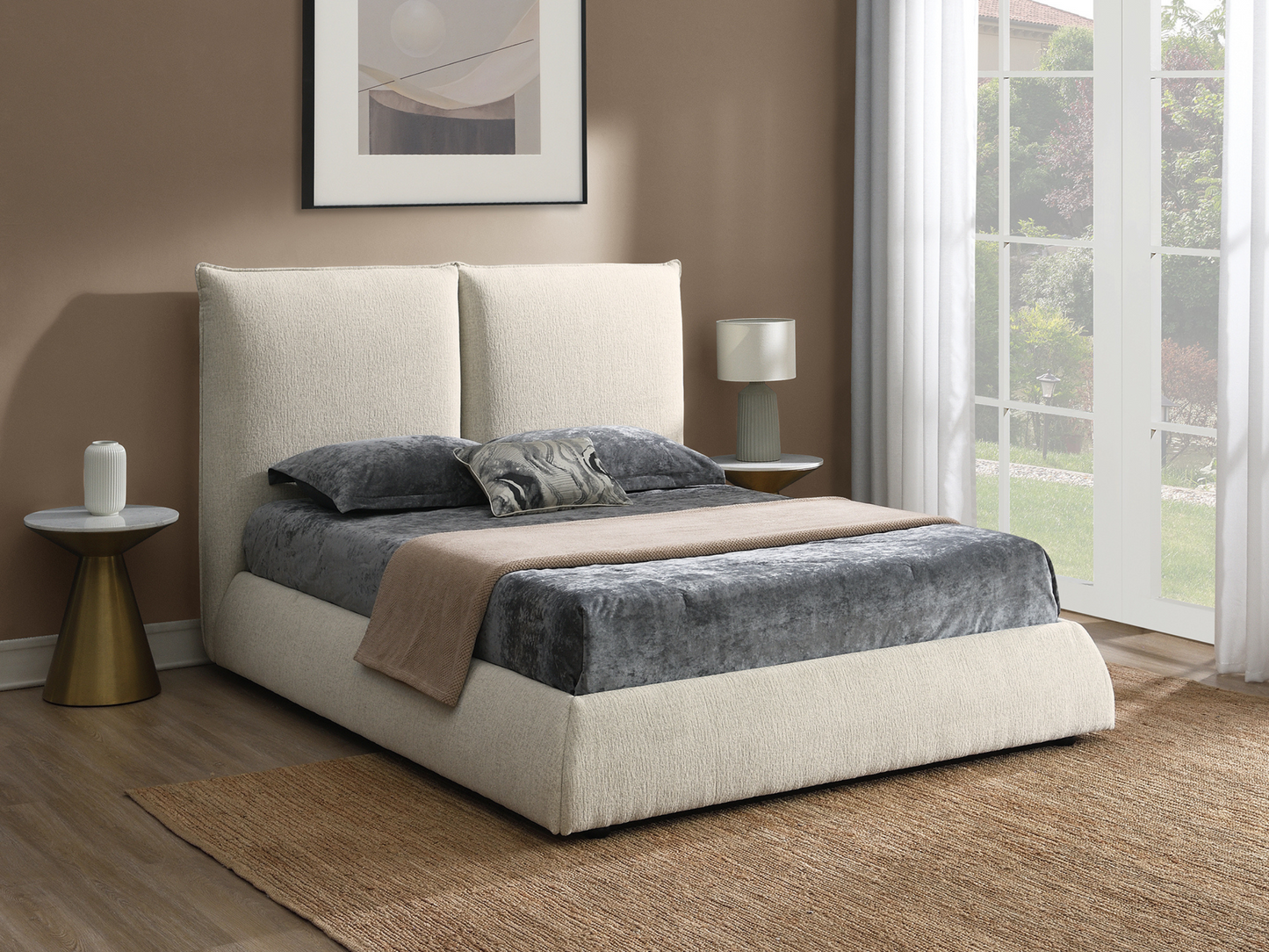 Elsen Upholstered Bed - Ivory - Queen