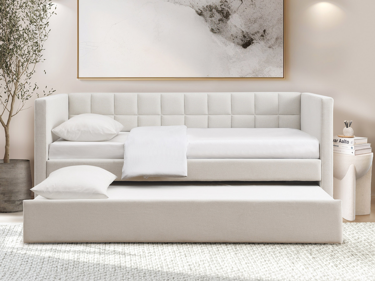 Aveline Upholstered Twin Daybed with Trundle - Ivory
