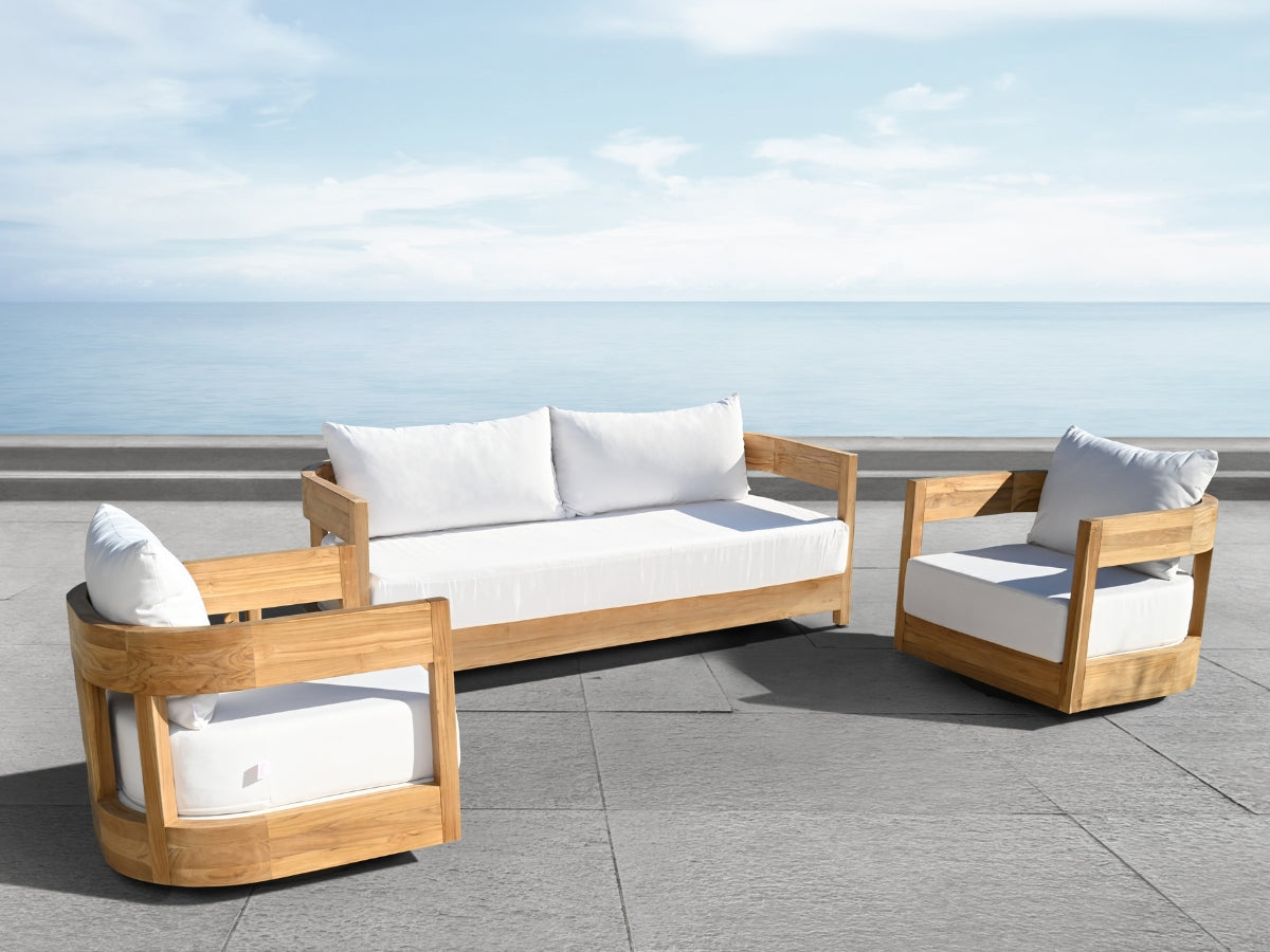 Santino® Outdoor Sofa & Swivel Rocking Chairs Collection - White Fabric with Teak Frame