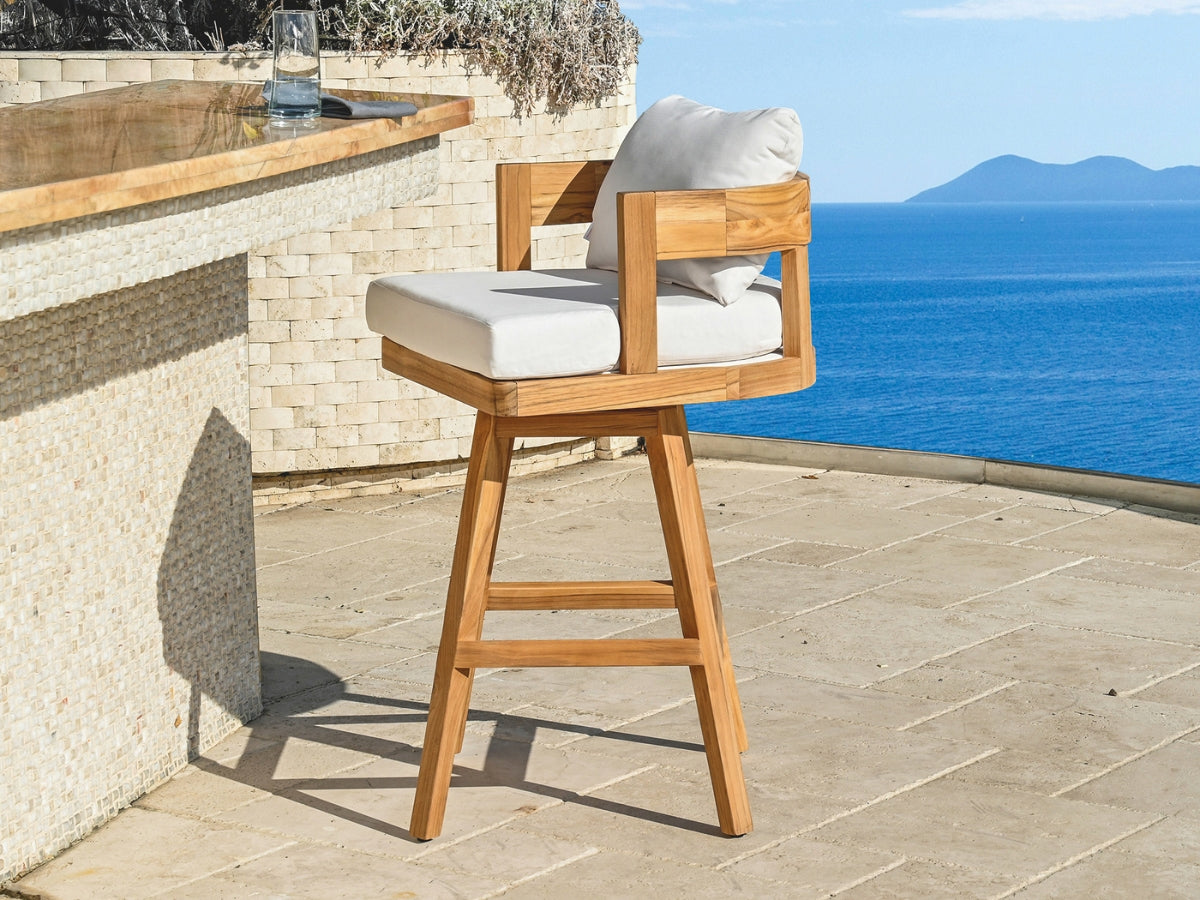 Santino® Outdoor Swivel Bar Stool - White Fabric with Teak Frame