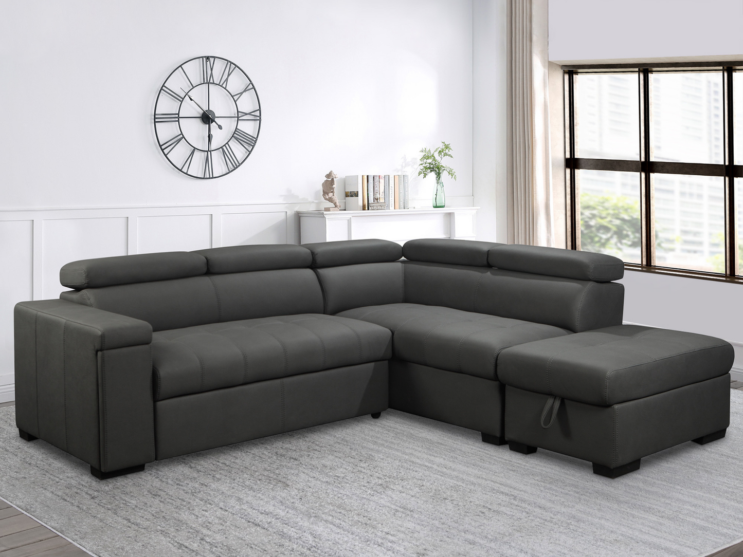 Miami Fabric Storage Sectional with Pullout Bed - Dark Gray