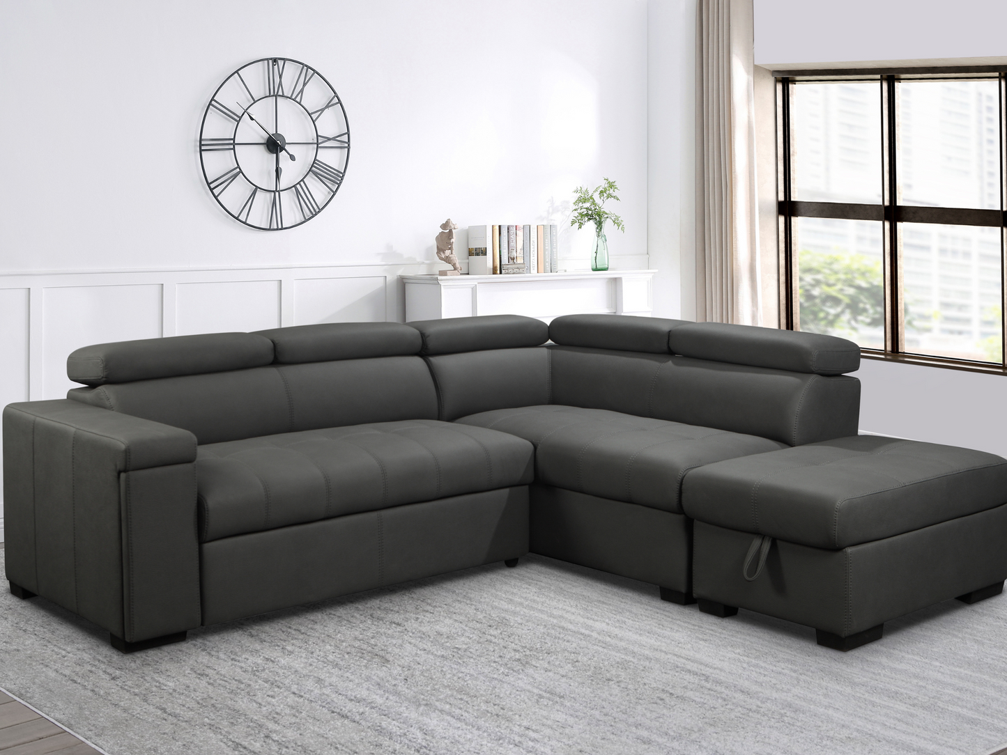 Miami Fabric Storage Sectional with Pullout Bed - Dark Gray