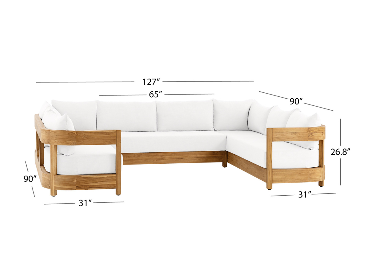 Santino® Outdoor 3-Piece U Shaped Sectional - White Fabric with Teak Frame