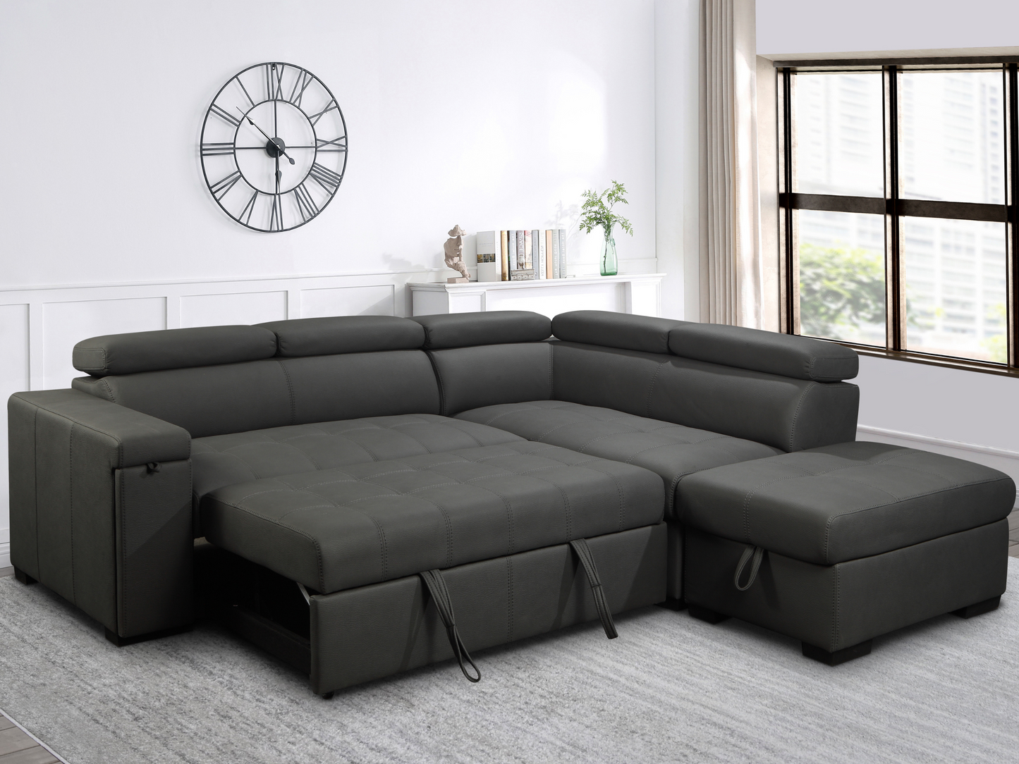 Miami Fabric Storage Sectional with Pullout Bed - Dark Gray