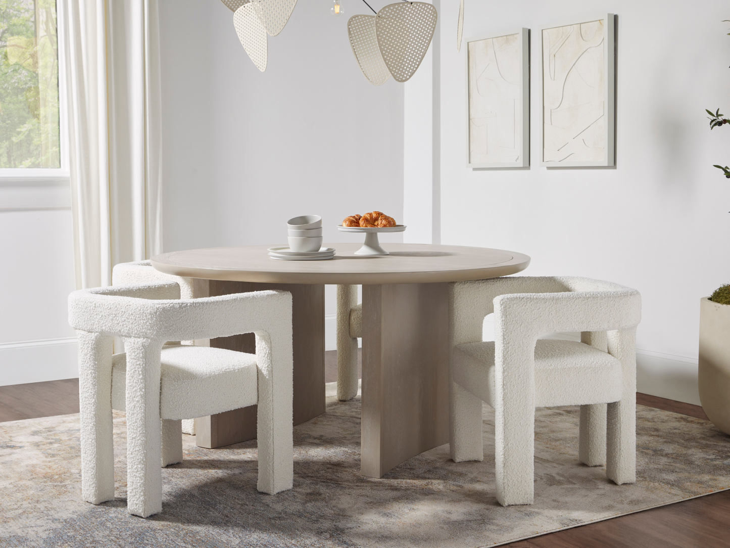 Mandy 5-pc Round Dining Set with Bouclé Chairs - Ivory