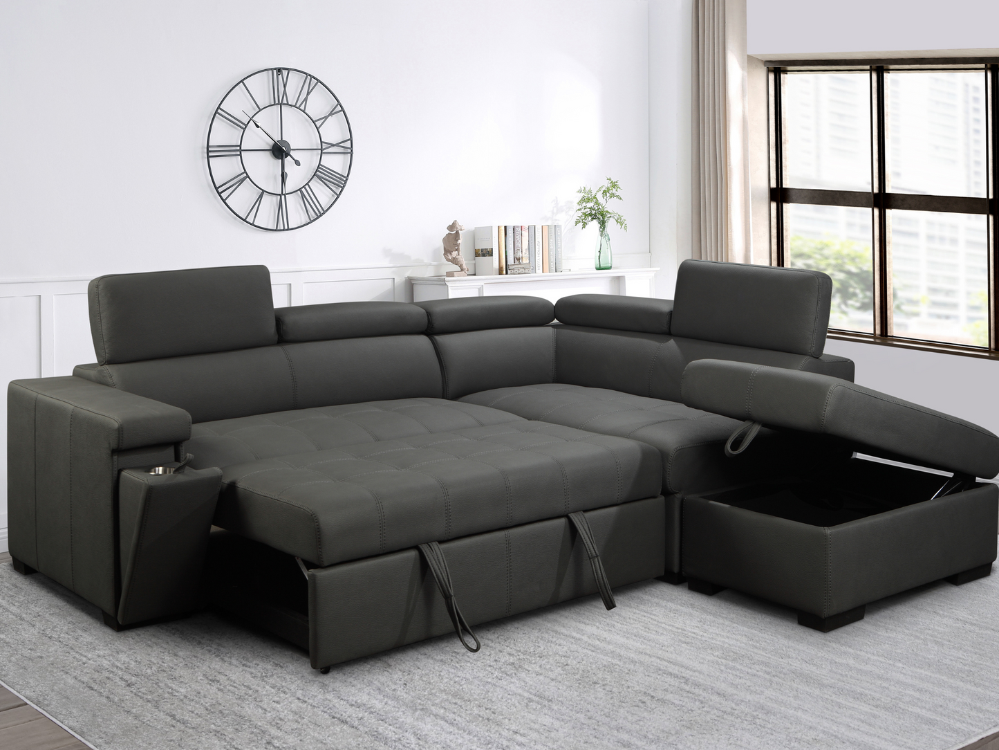 Miami Fabric Storage Sectional with Pullout Bed - Dark Gray