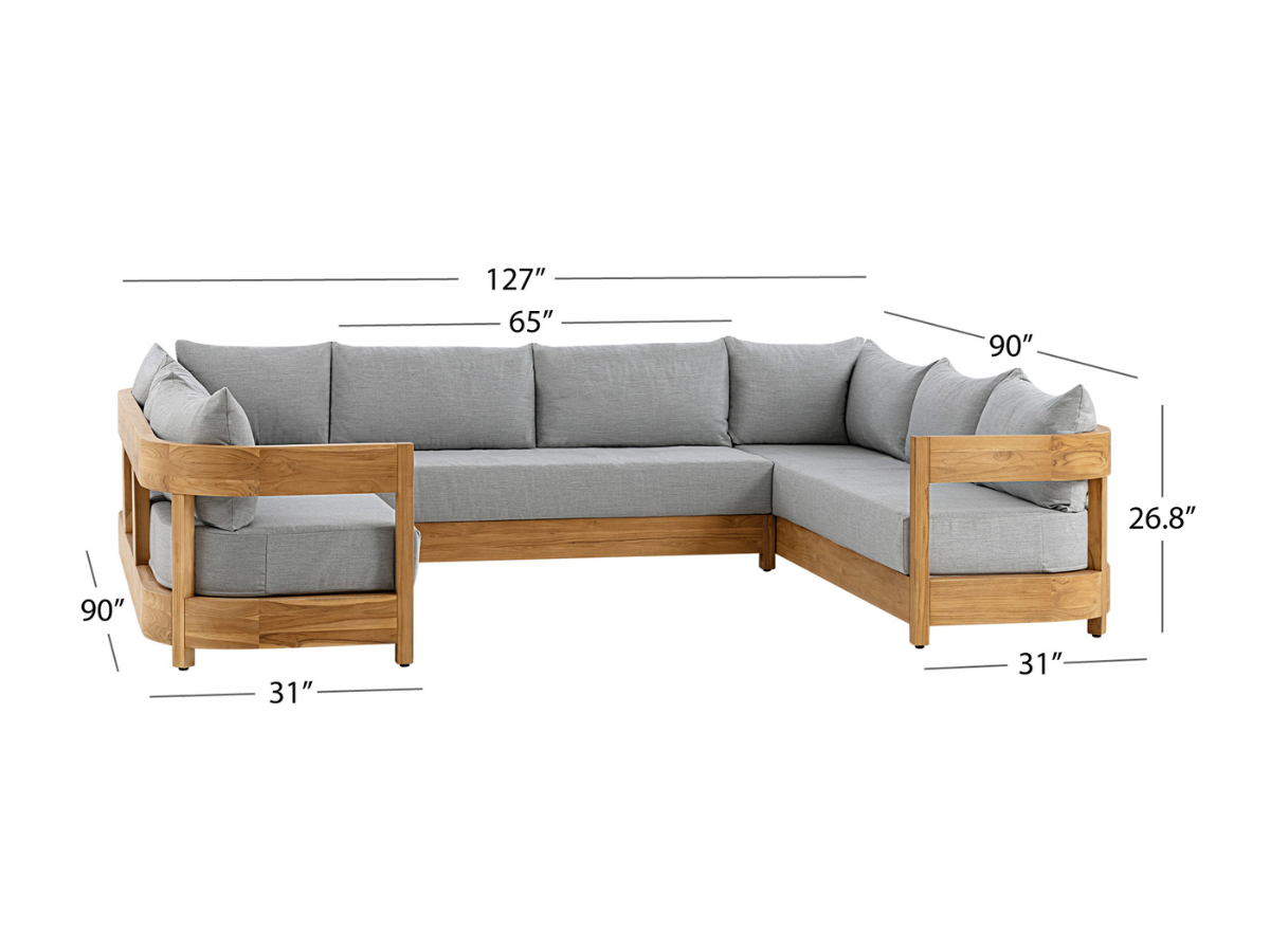 Santino® Outdoor 3-Piece U Shaped Sectional - Gray Fabric with Teak Frame