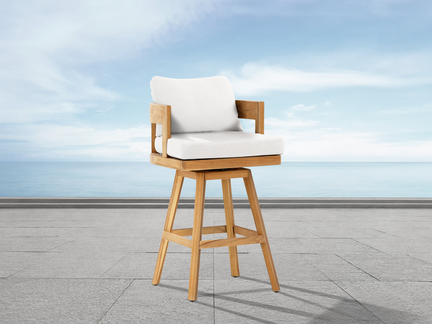 Santino® Outdoor Swivel Bar Stool - White Fabric with Teak Frame