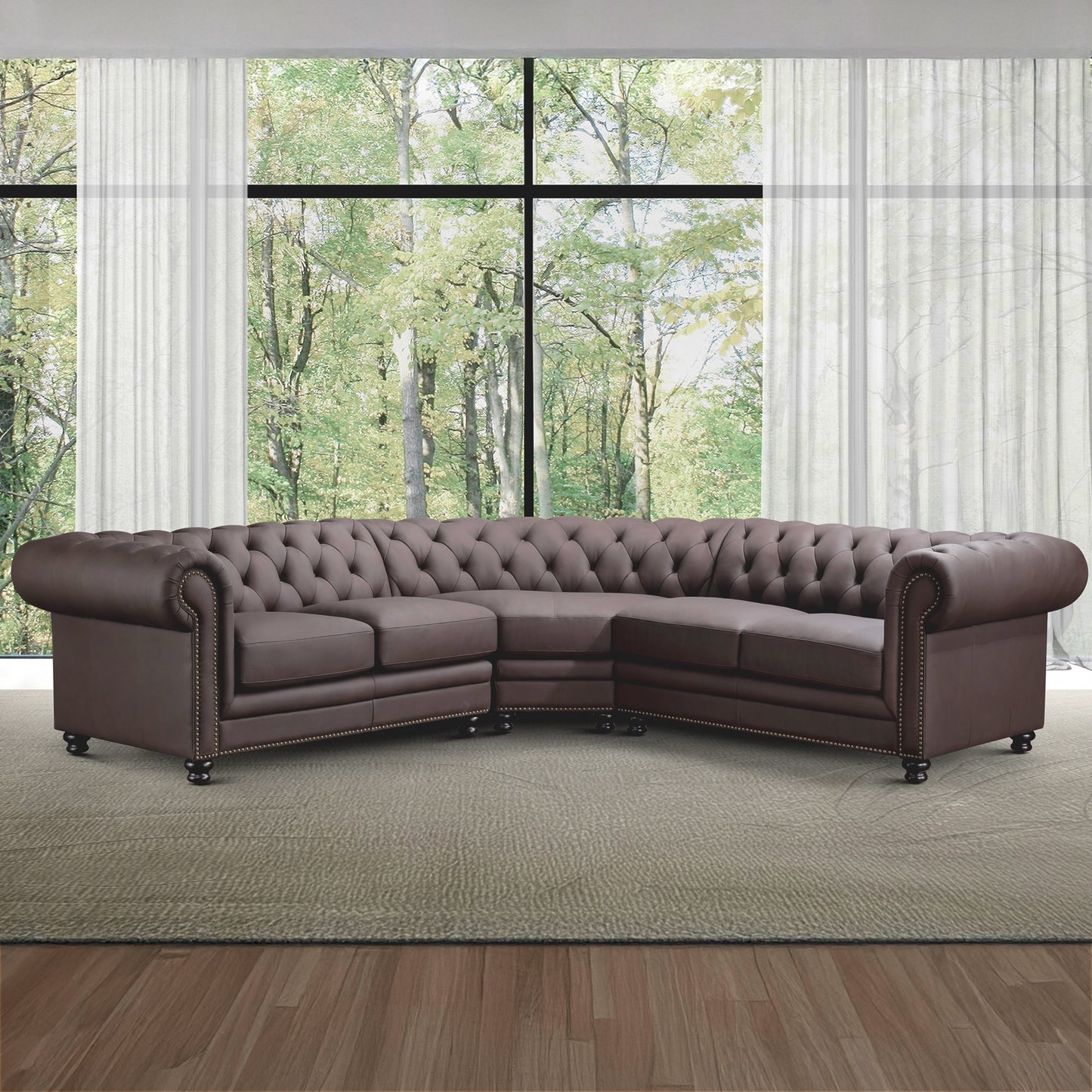 Culver 3pc Leather Chesterfield Sectional, Brown
