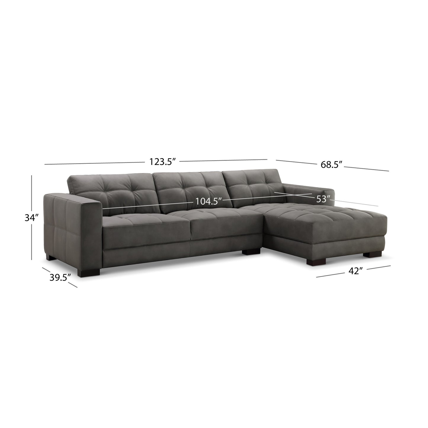 Klyden Top Grain Leather Chaise Sectional, Gray
