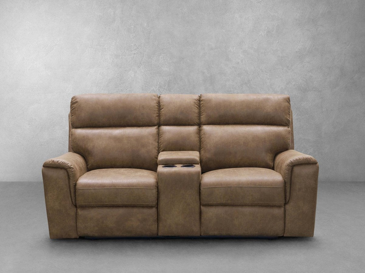 Lawrence Fabric Reclining Console Loveseat - Camel – Abbyson.com