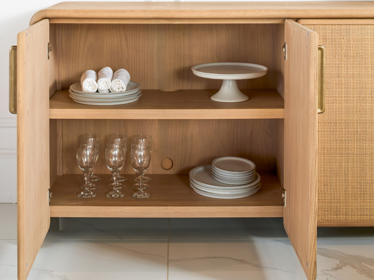 JoJo Fletcher Pauline Oak & Natural Cane 4 Door Sideboard 72"W - Blonde