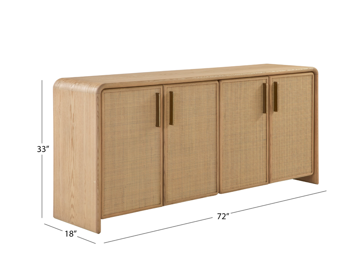 JoJo Fletcher Pauline Oak & Natural Cane 4 Door Sideboard 72"W - Blonde