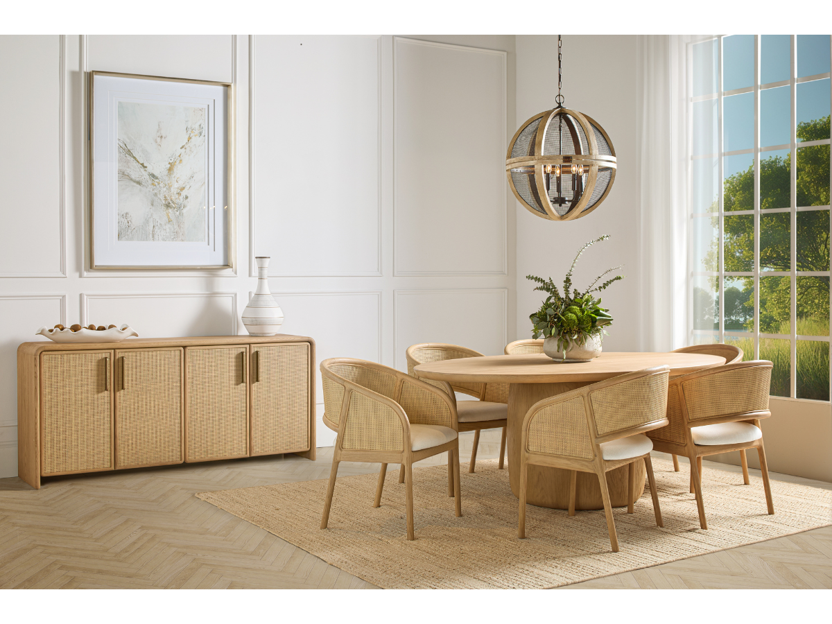 JoJo Fletcher Pauline Oak & Natural Cane 4 Door Sideboard 72"W - Blonde