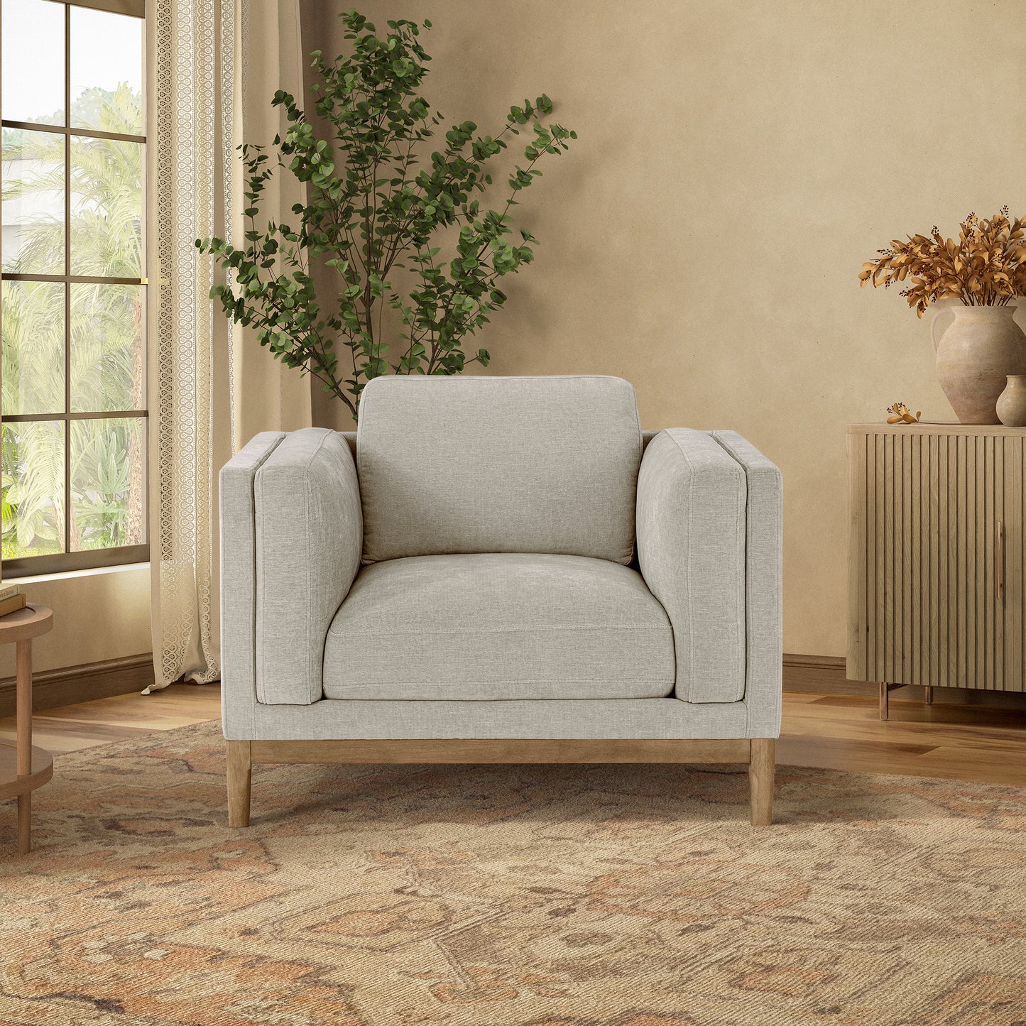 Renee Fabric Chair with Wood Base, Light Gray