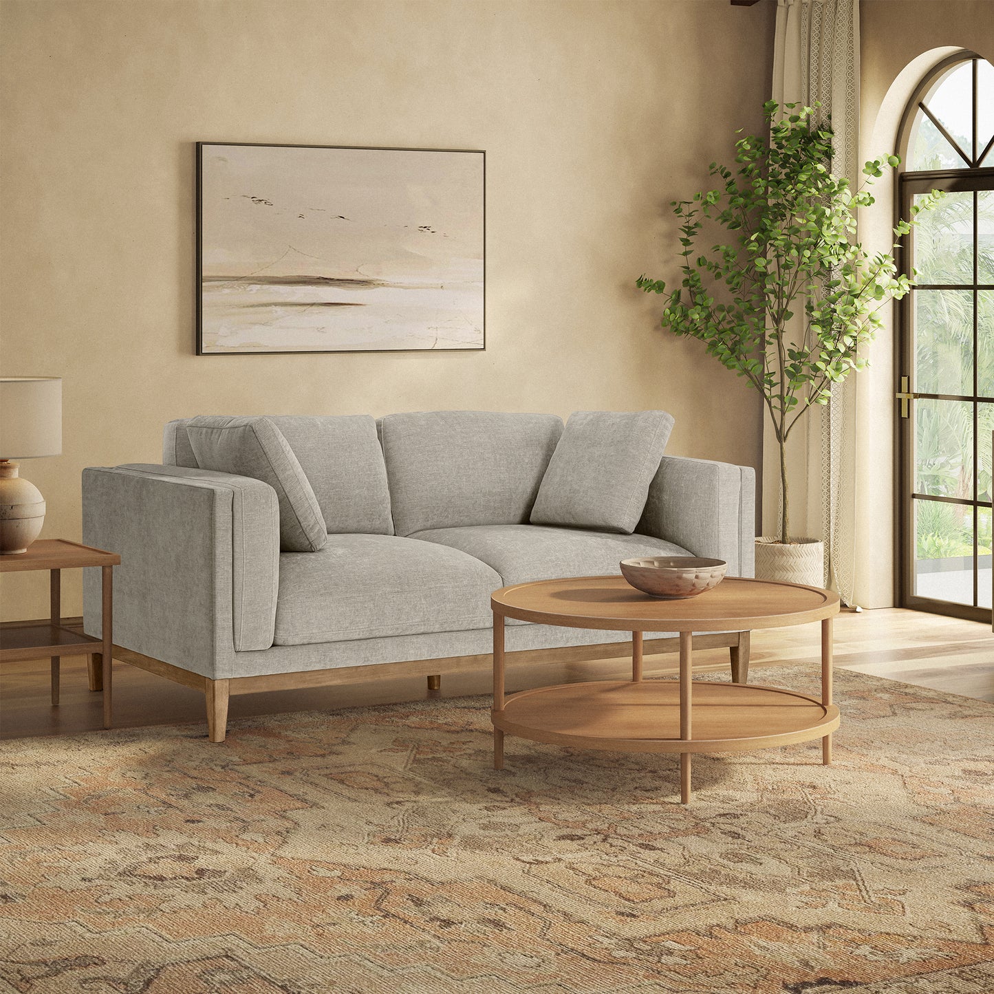 Renee Fabric Sofa with Wood Base, Gray