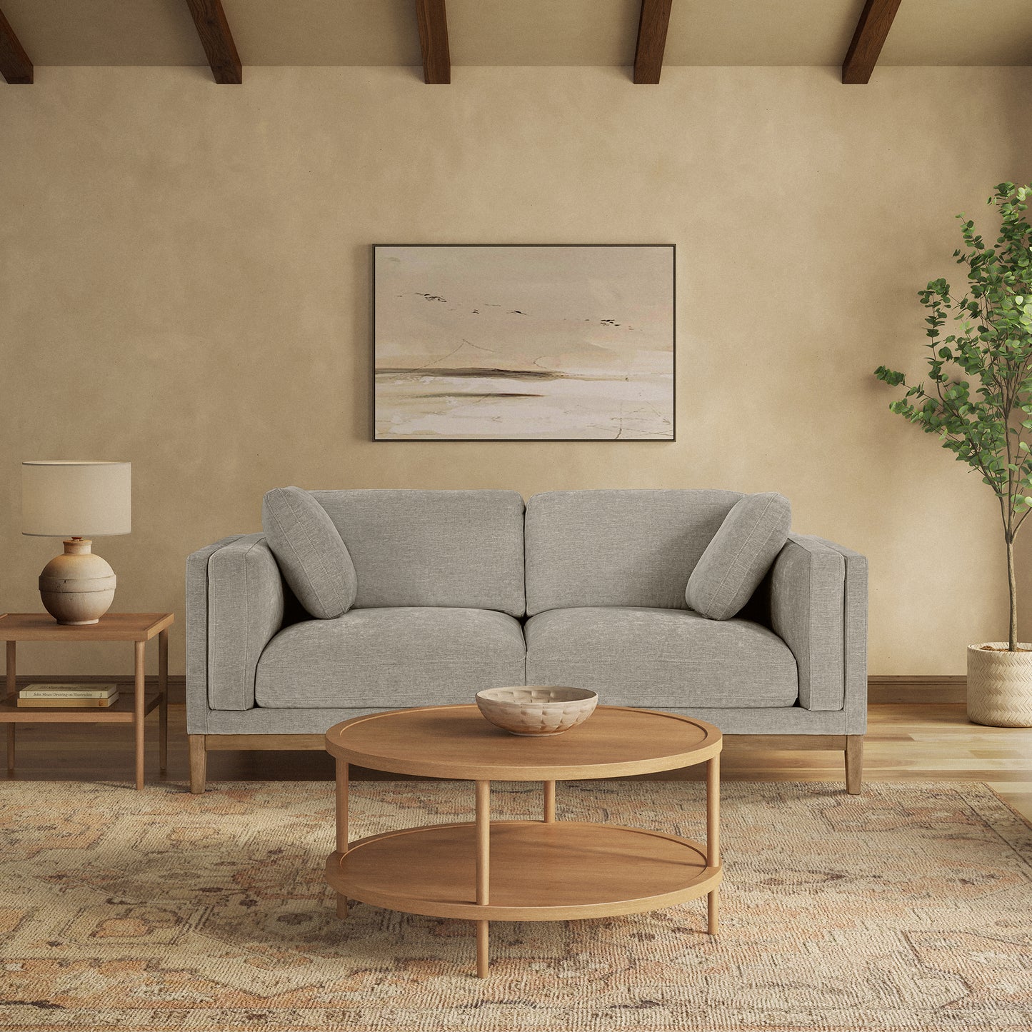Renee Fabric Sofa with Wood Base, Gray