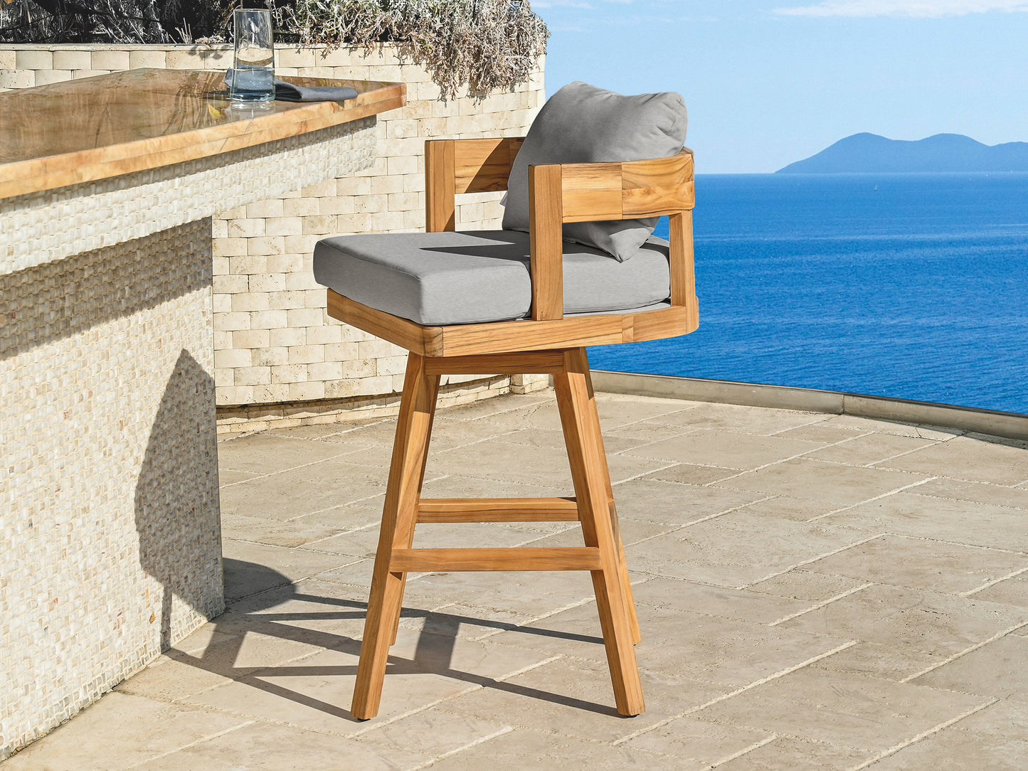 Santino® Outdoor Swivel Bar Stool - Gray Fabric with Teak Frame