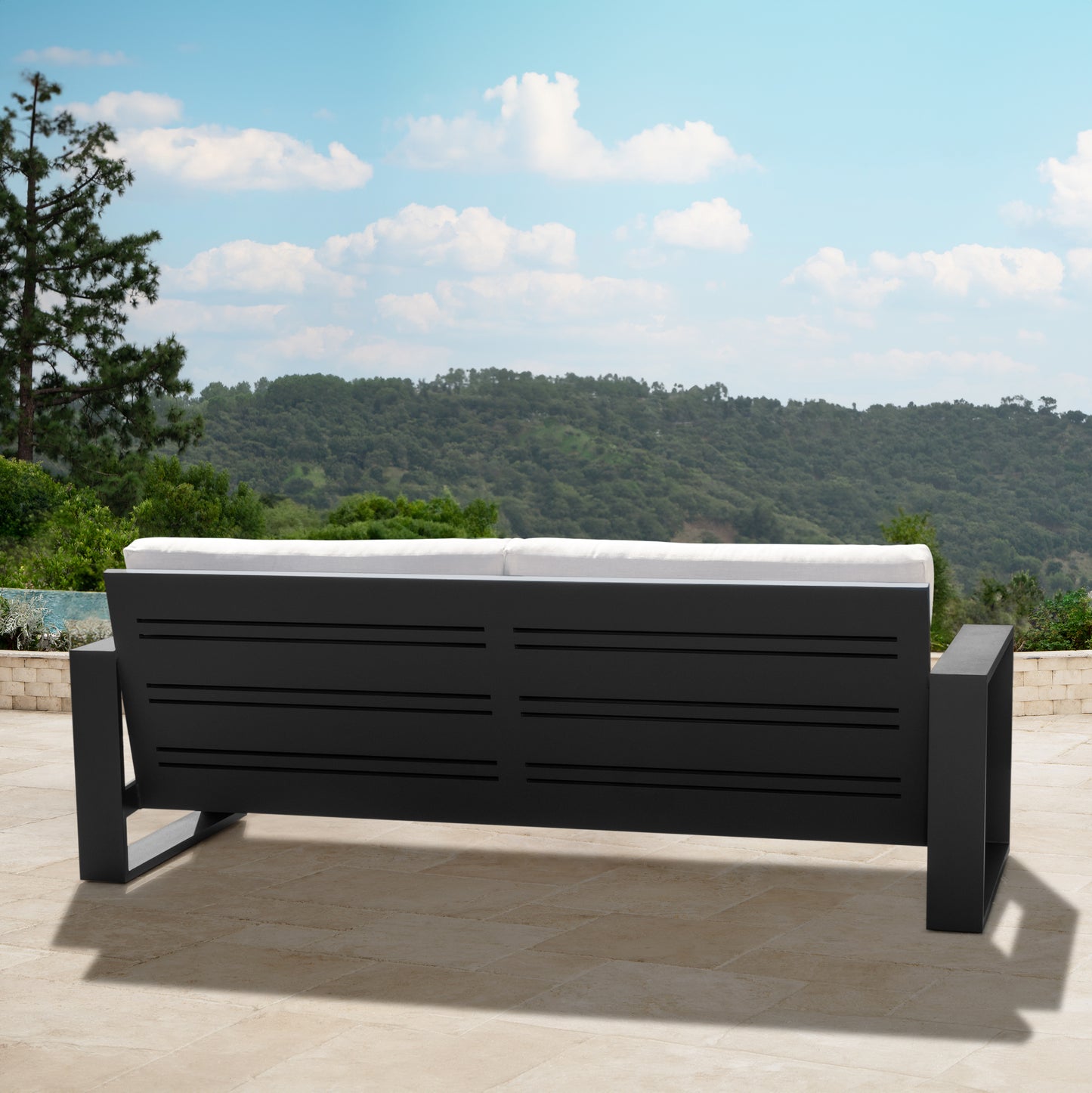 Torren Outdoor Sofa, White Fabric with Black Aluminum Frame