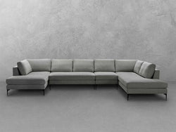 contemporary grey sectional sofa featuring a sleek black metal frame, showcasing modern design and comfort