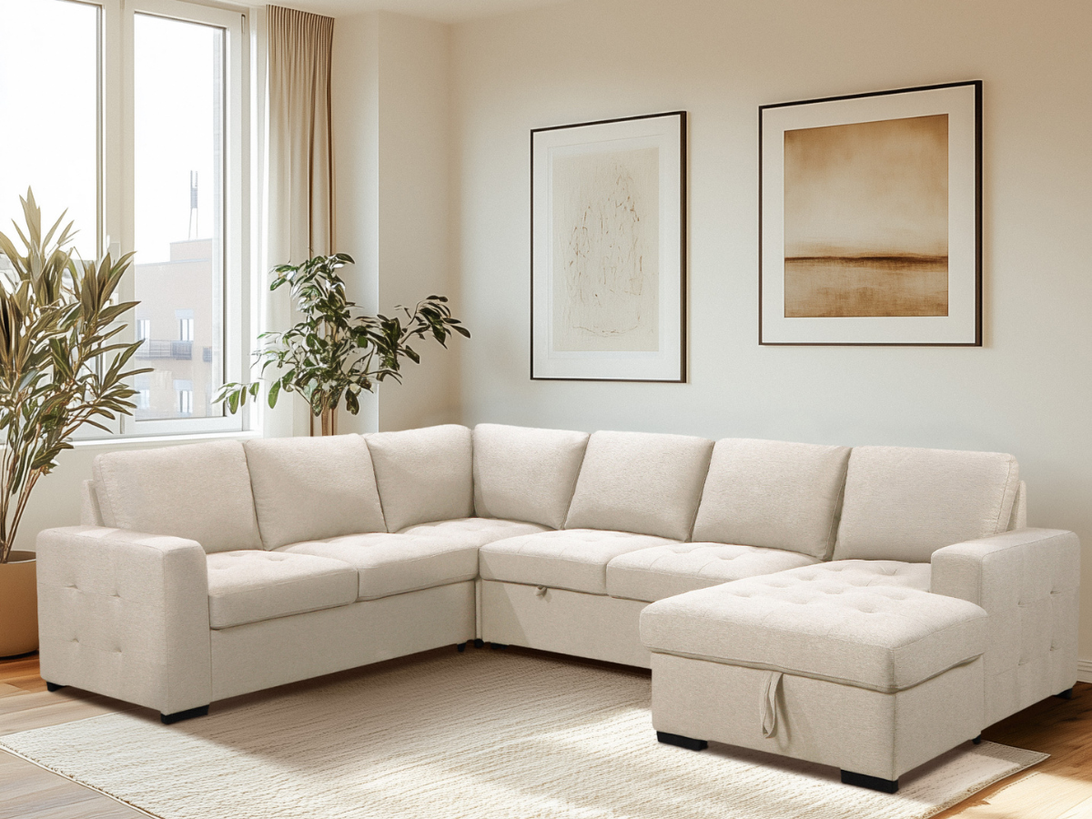 Jameson 6-pc Fabric Storage Sectional with Pullout Bed - Cream