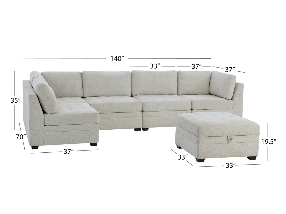 Nixon Fabric 6 Piece Modular Sectional Set - Cream