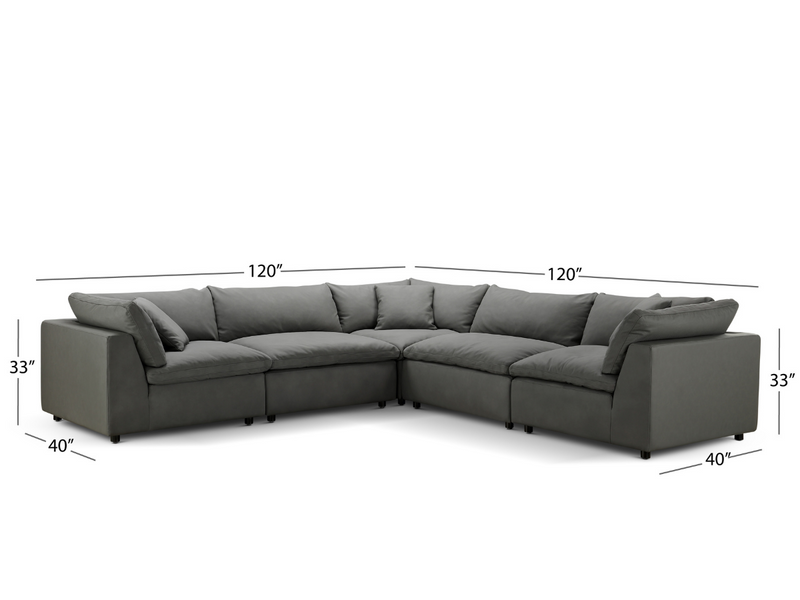 Luxe Gray Nubuck Leather 5-pc Two-Arm Sectional