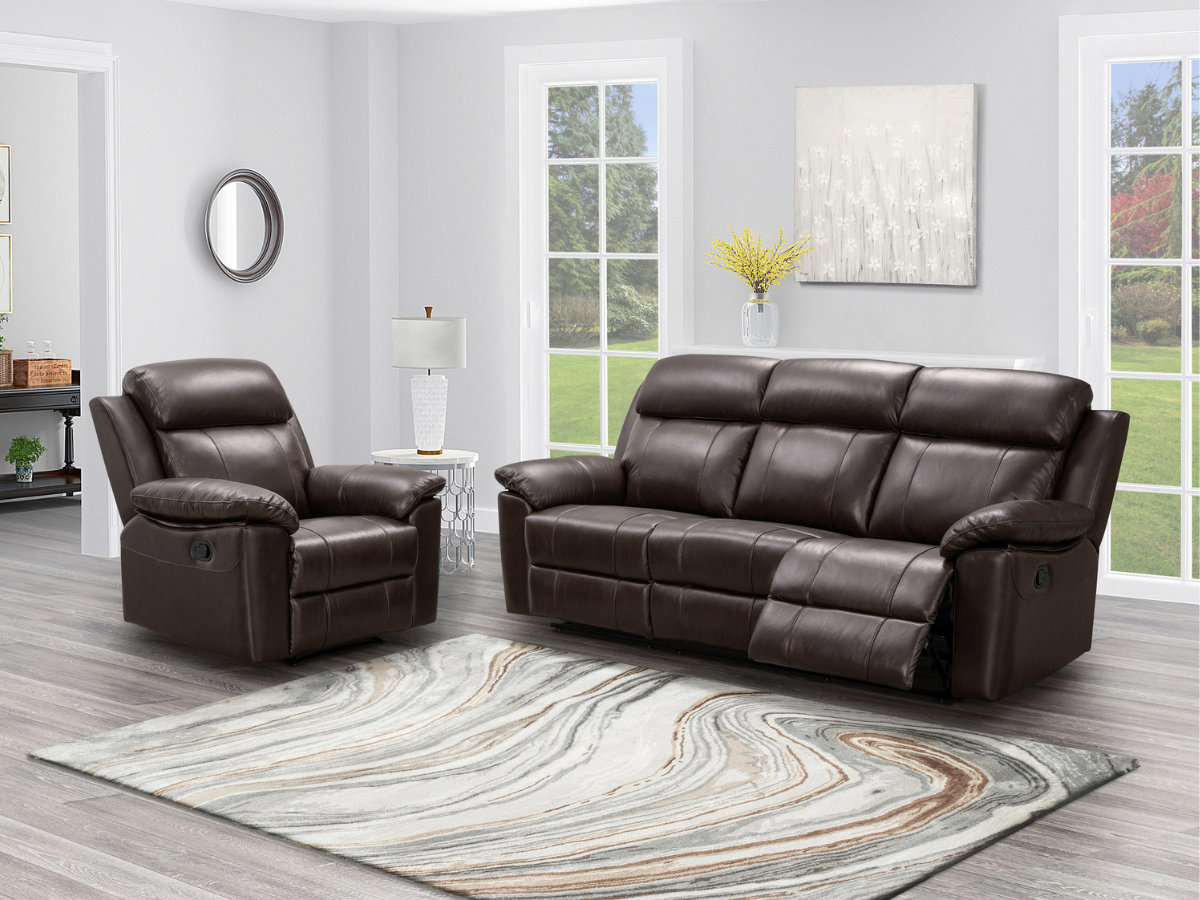 Abbyson Braylen Top Grain Leather Reclining Sofa and Recliner Set Dark Brown