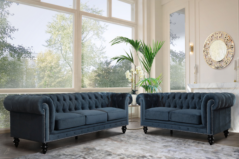 Grand Chesterfield Velvet Sofa and Loveseat Set