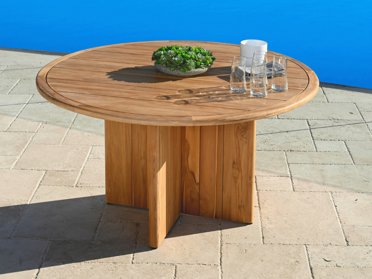 Santino® Outdoor 5-Piece Round Dining Set - Gray Fabric with Teak Frame