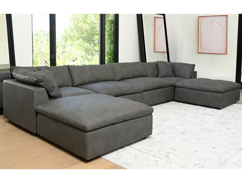 Luxe Gray Nubuck Leather 6-pc U-Shaped Sectional