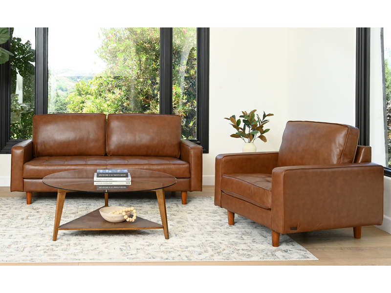 Holloway Mid Century Leather Sofa and Armchair Set Camel