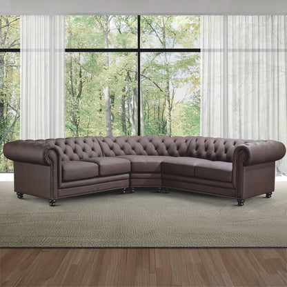 Culver 3pc Leather Chesterfield Sectional, Brown