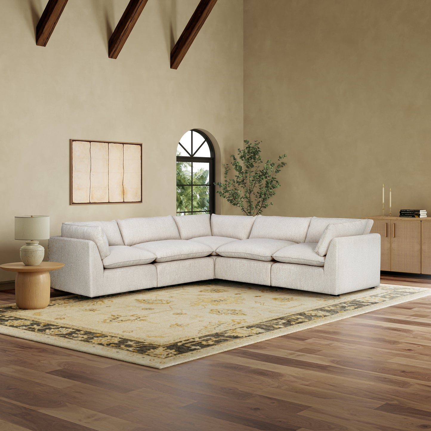 Luxe Boucle Fabric 5pc Two-Arm Sectional, Oat