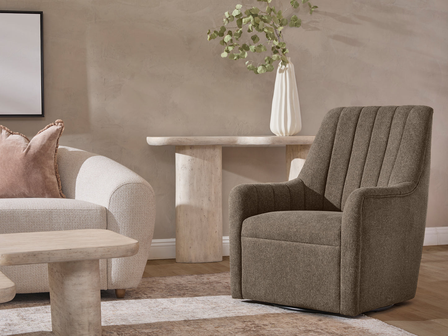 Bristol Fabric Channeled Swivel Chair, Dark Brown