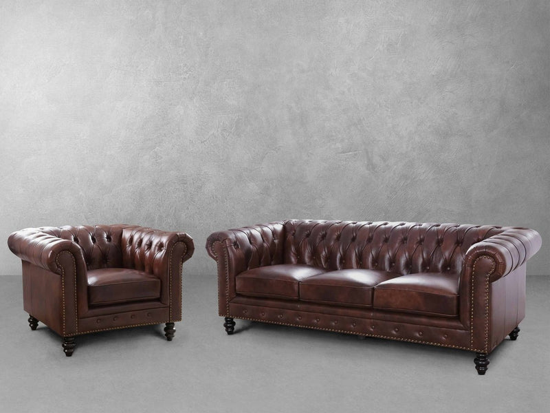 Grand Chesterfield Leather Sofa and Armchair Set