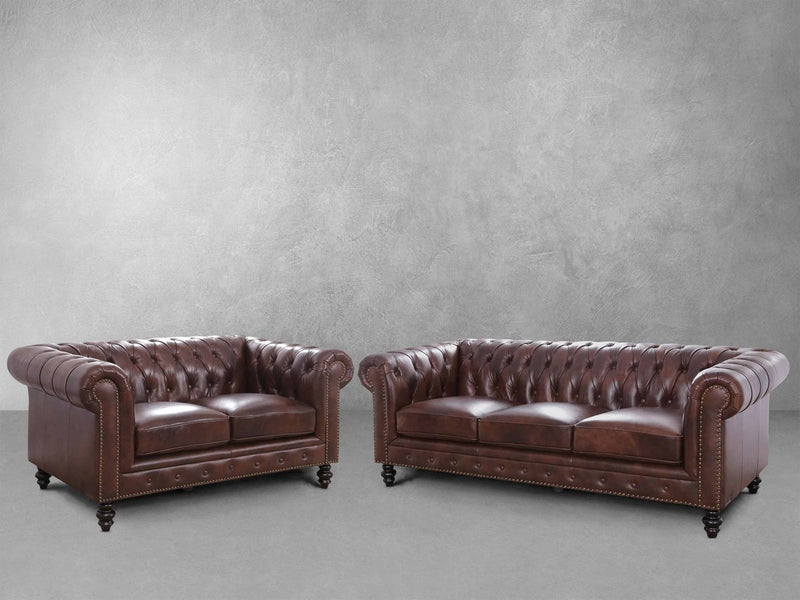 Grand Chesterfield Leather Sofa and Loveseat Set
