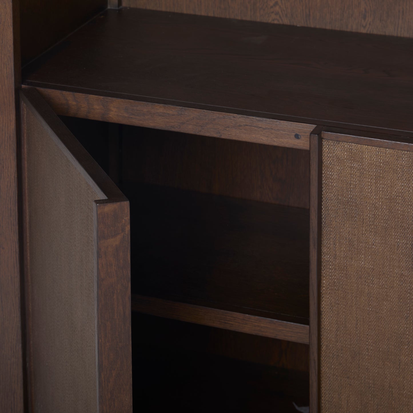 JoJo Fletcher Sawyer Oak and Grasscloth Curved Open Bookcase, Brown