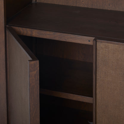 JoJo Fletcher Sawyer Oak and Grasscloth Curved Open Bookcase, Brown