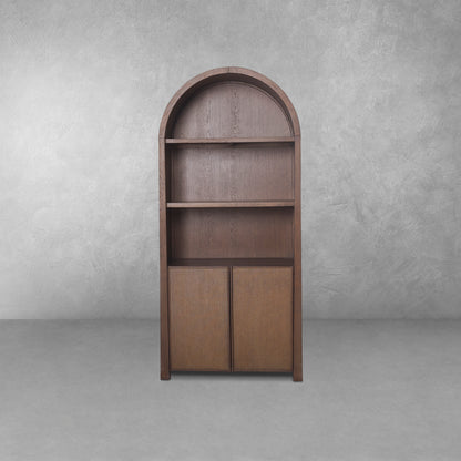 JoJo Fletcher Sawyer Oak and Grasscloth Curved Open Bookcase, Brown