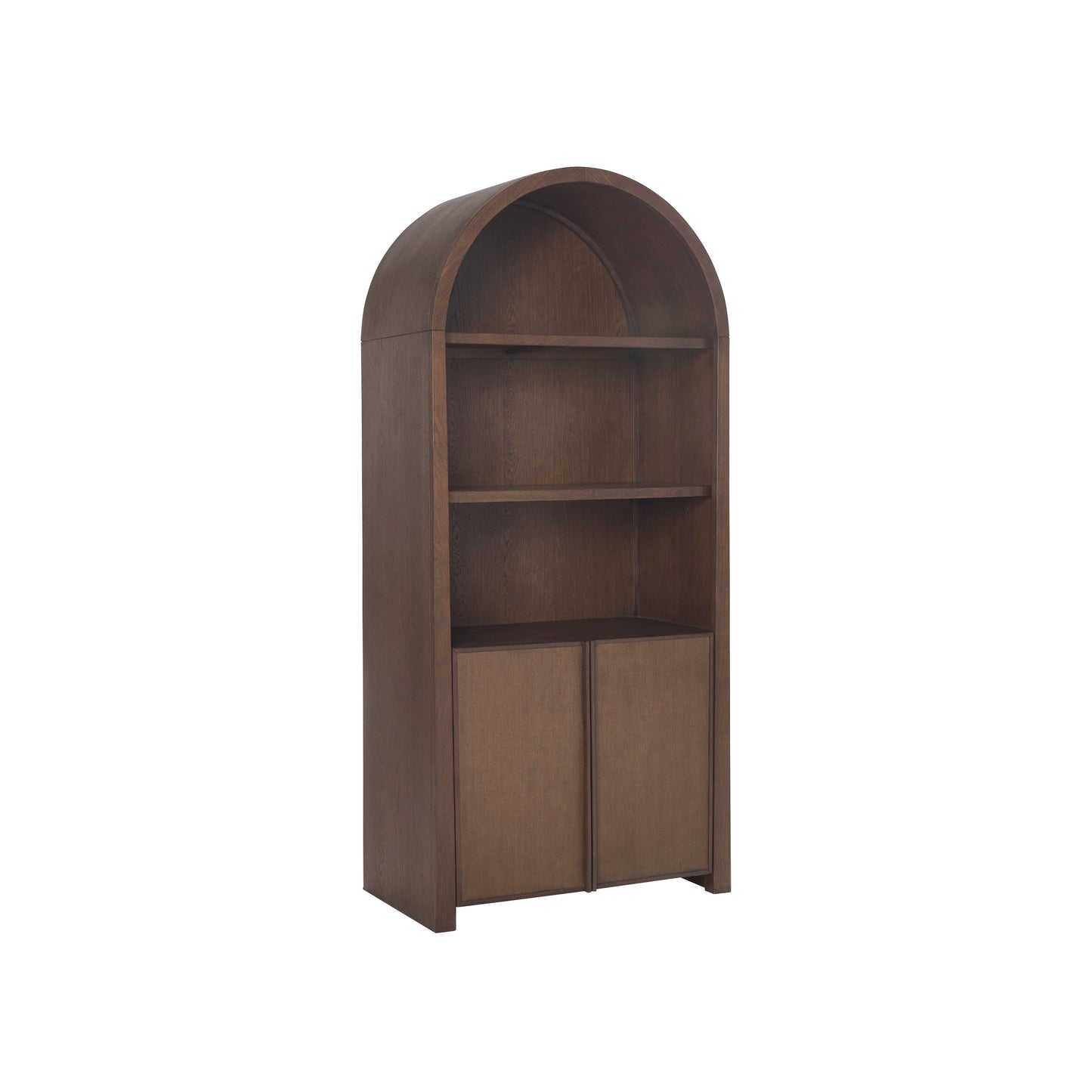 JoJo Fletcher Sawyer Oak and Grasscloth Curved Open Bookcase, Brown