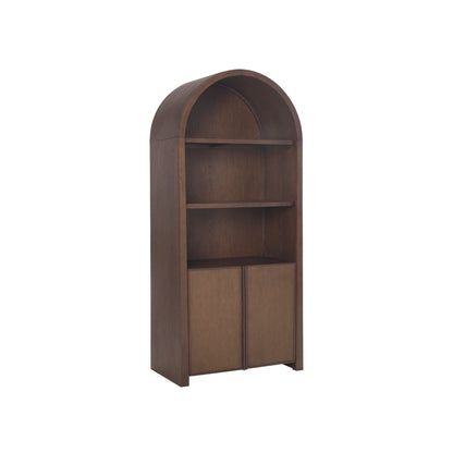 JoJo Fletcher Sawyer Oak and Grasscloth Curved Open Bookcase, Brown