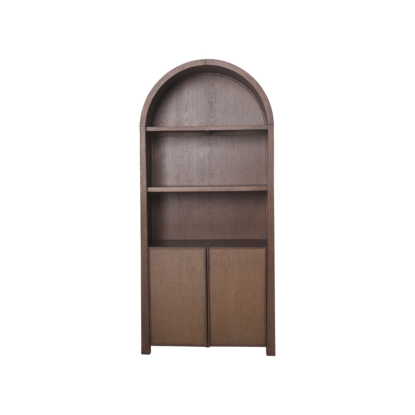 JoJo Fletcher Sawyer Oak and Grasscloth Curved Open Bookcase, Brown