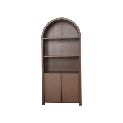 JoJo Fletcher Sawyer Oak and Grasscloth Curved Open Bookcase, Brown