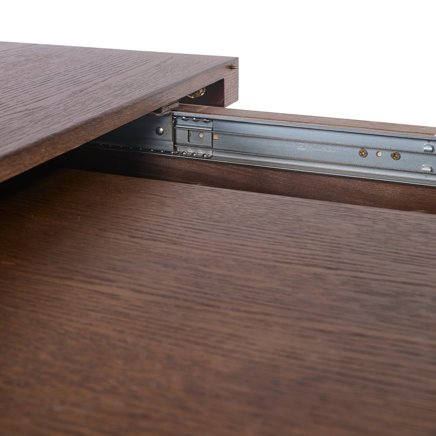 JoJo Fletcher Sawyer Oak and Grasscloth 84-120in Dining Table with 2 Leaves, Brown