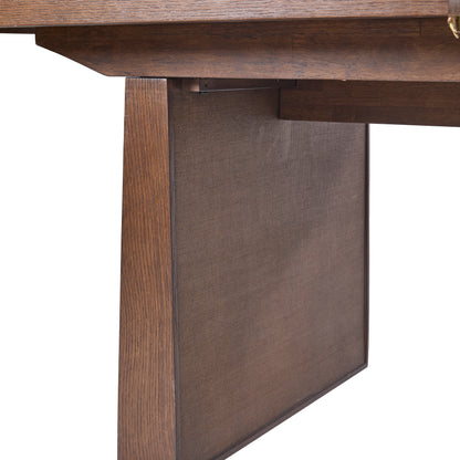 JoJo Fletcher Sawyer Oak and Grasscloth 84-120in Dining Table with 2 Leaves, Brown