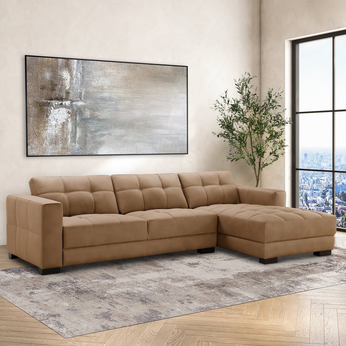 Klyden Leather Chaise Sectional, Saddle Brown