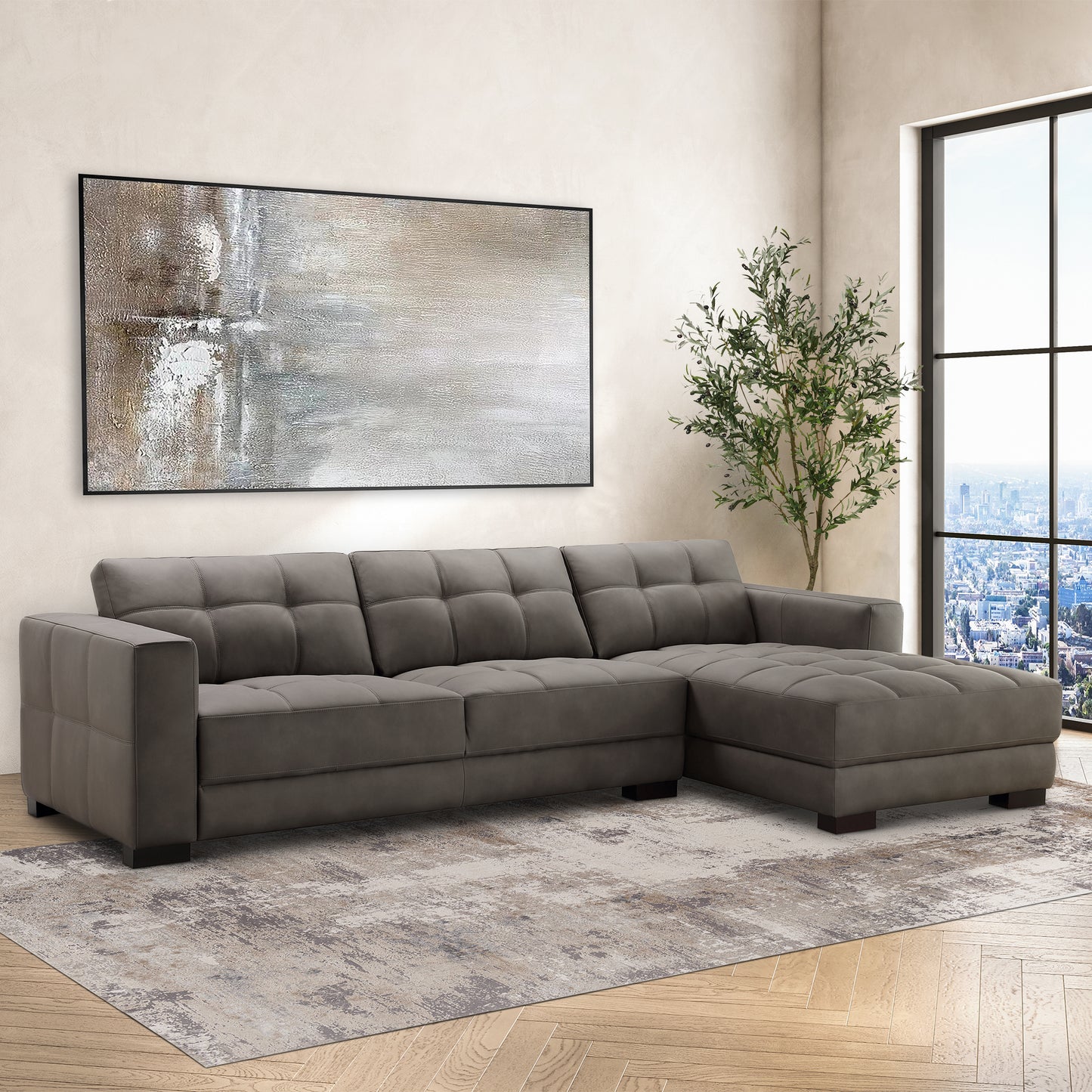 Klyden Top Grain Leather Chaise Sectional, Gray