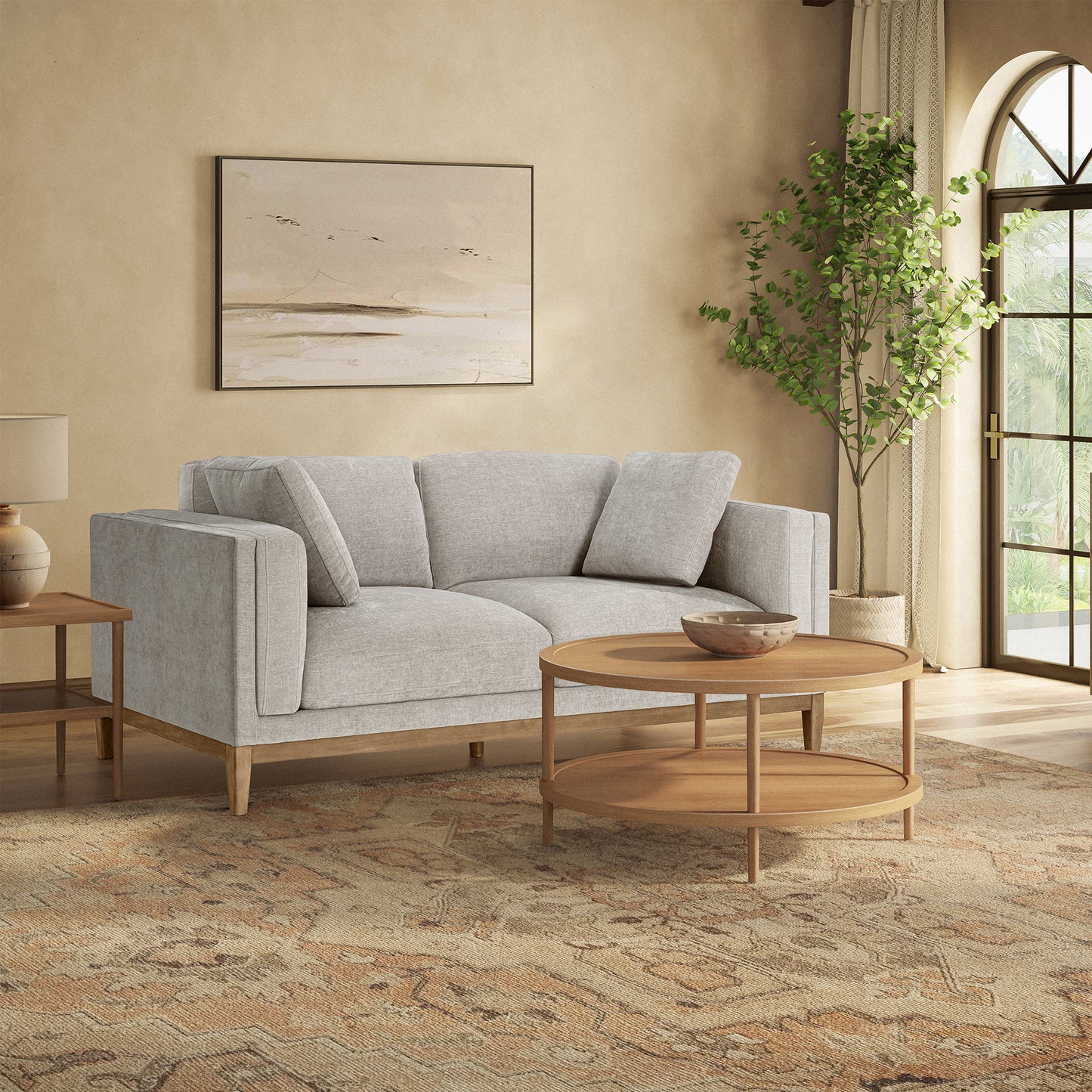 Renee Fabric Sofa with Wood Base, Light Gray
