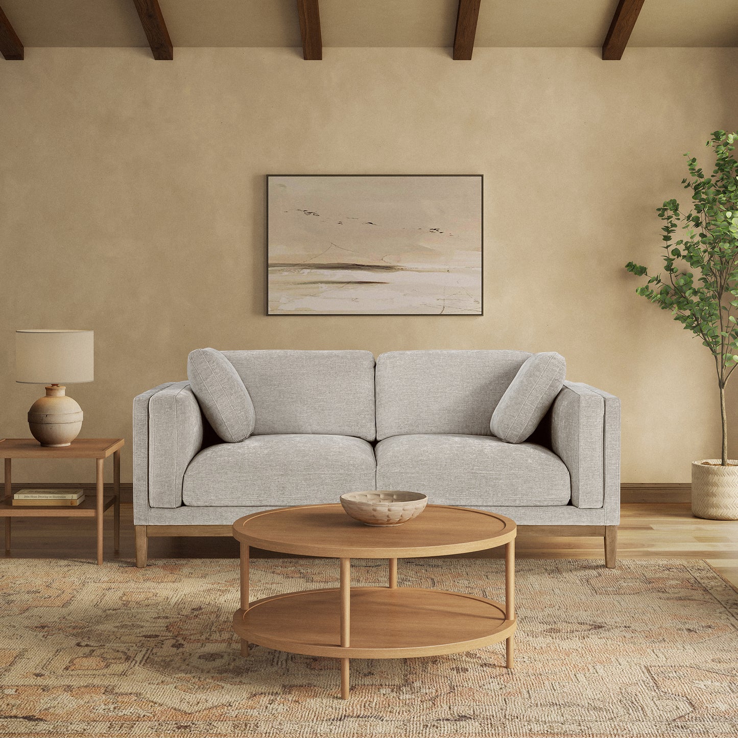 Renee Fabric Sofa with Wood Base, Light Gray